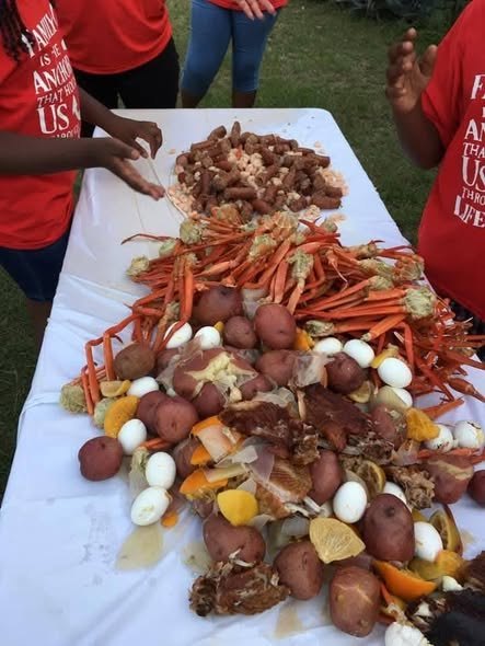 A low country boil poured out on the table