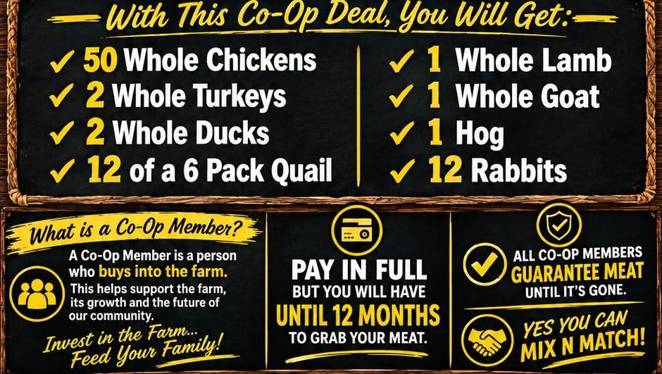 The co-op board: 50 whole chickens, 2 whole turkeys, 2 whole ducks, 12 six-packs of quail, 1 whole lamb, 1 whole goat, 1 hog, 12 rabbits — pay in full, twelve months to grab your meat, guaranteed until it is gone, mix and match