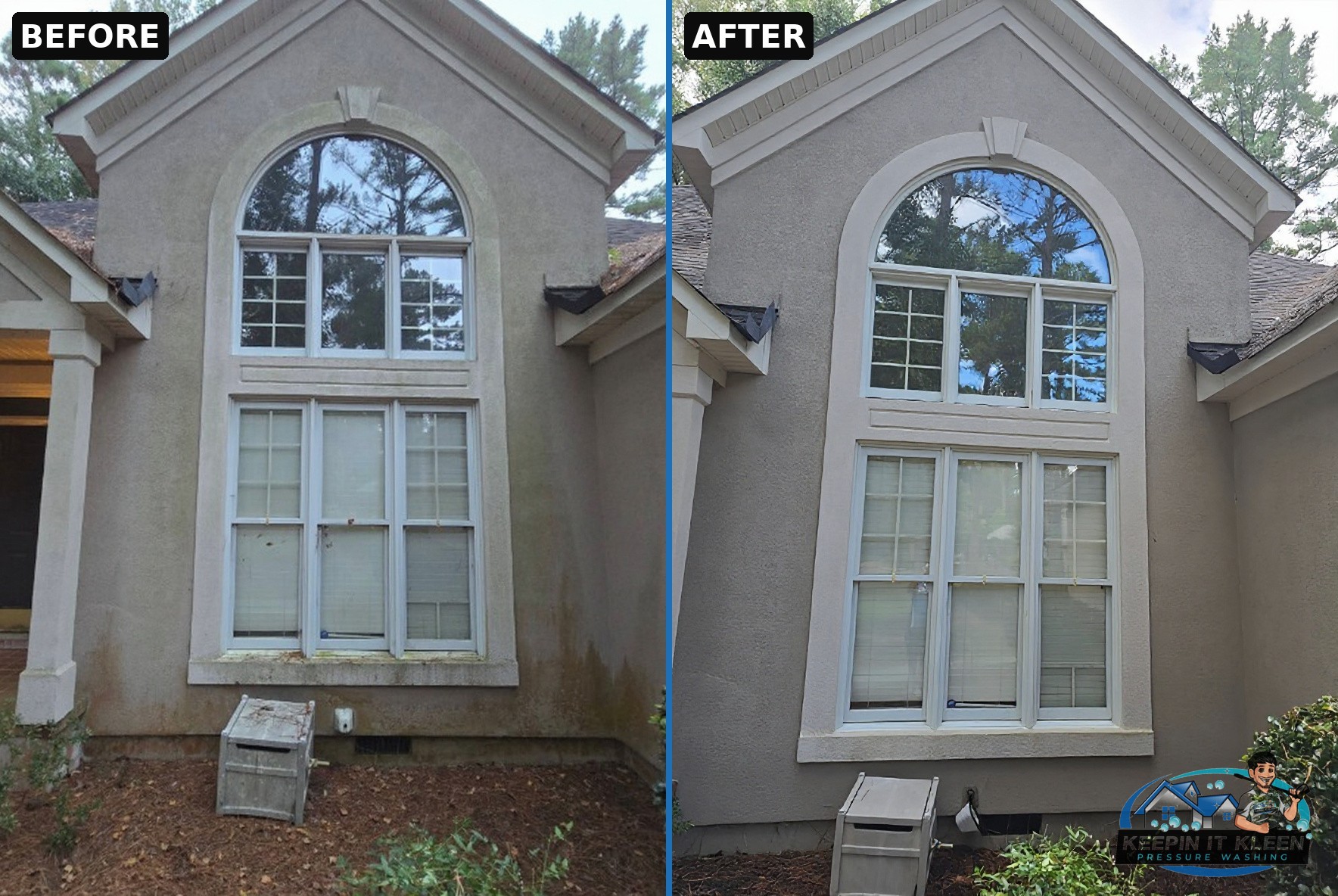 Arched window and stucco before and after a soft wash