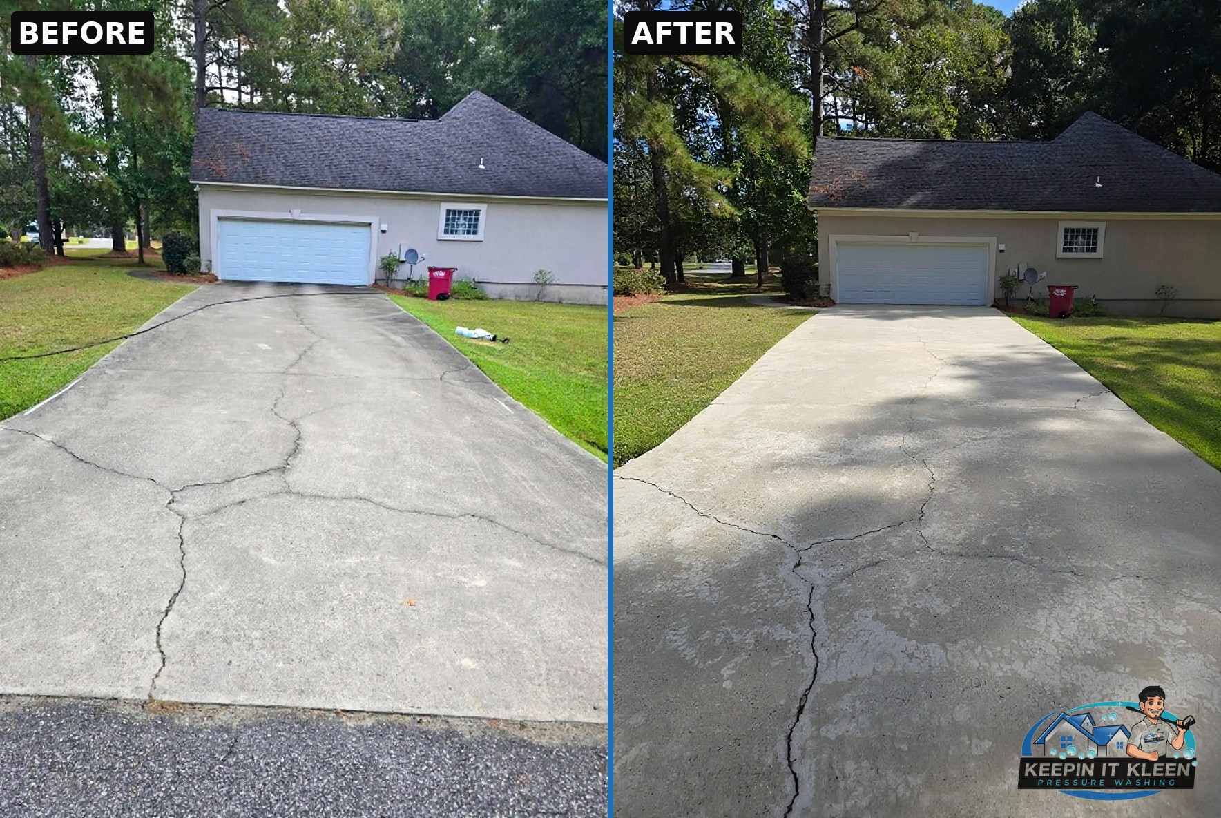 Driveway before and after pressure washing