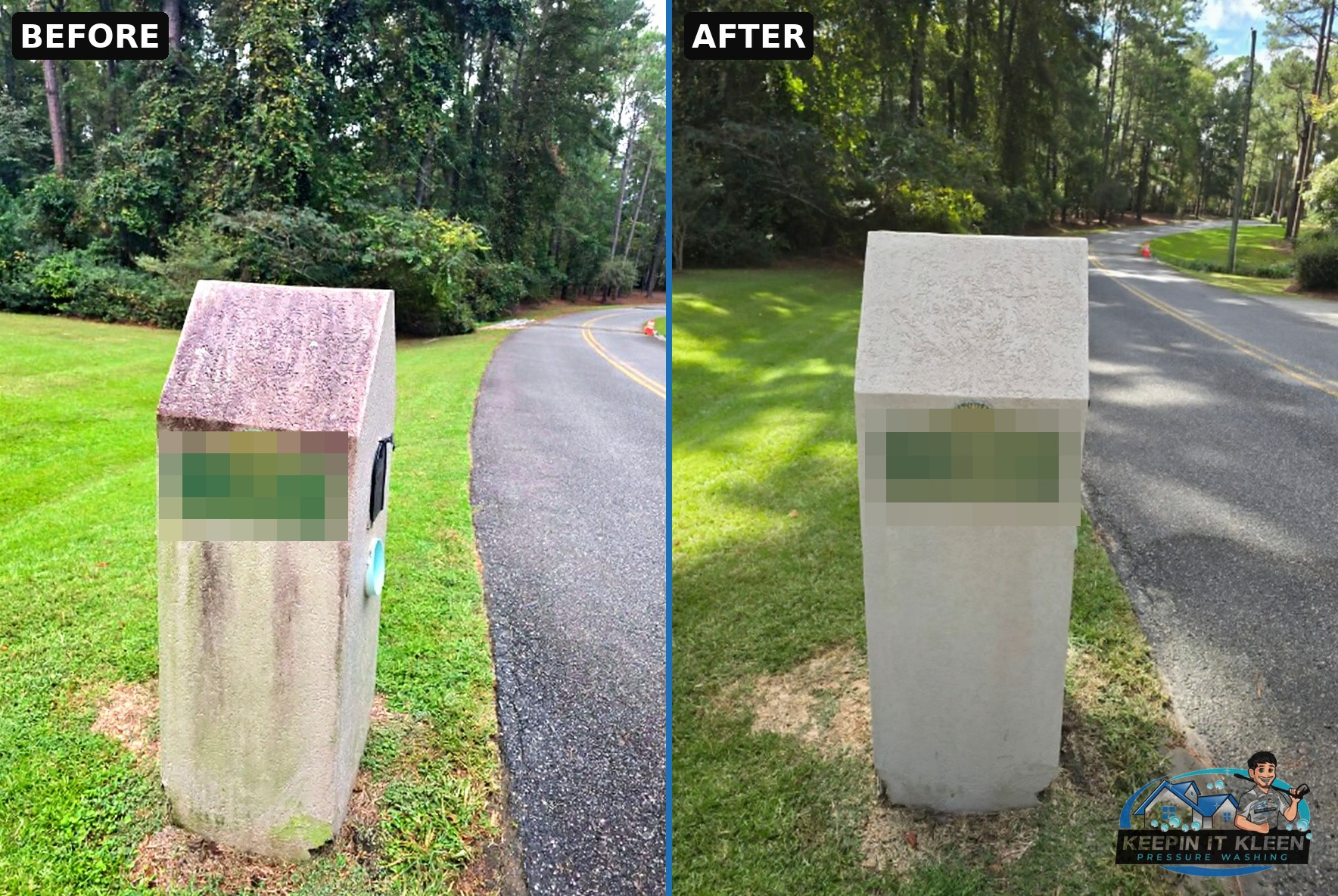 Stucco mailbox post before and after a wash