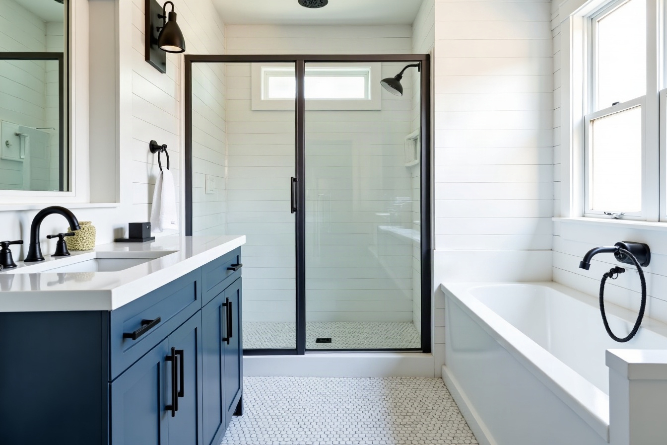 A farmhouse bath with shiplap walls, a blue vanity and a soaking tub.