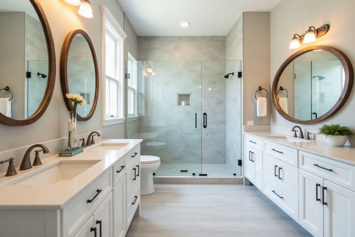 A remodeled primary bathroom with two white vanities and a glass walk-in shower