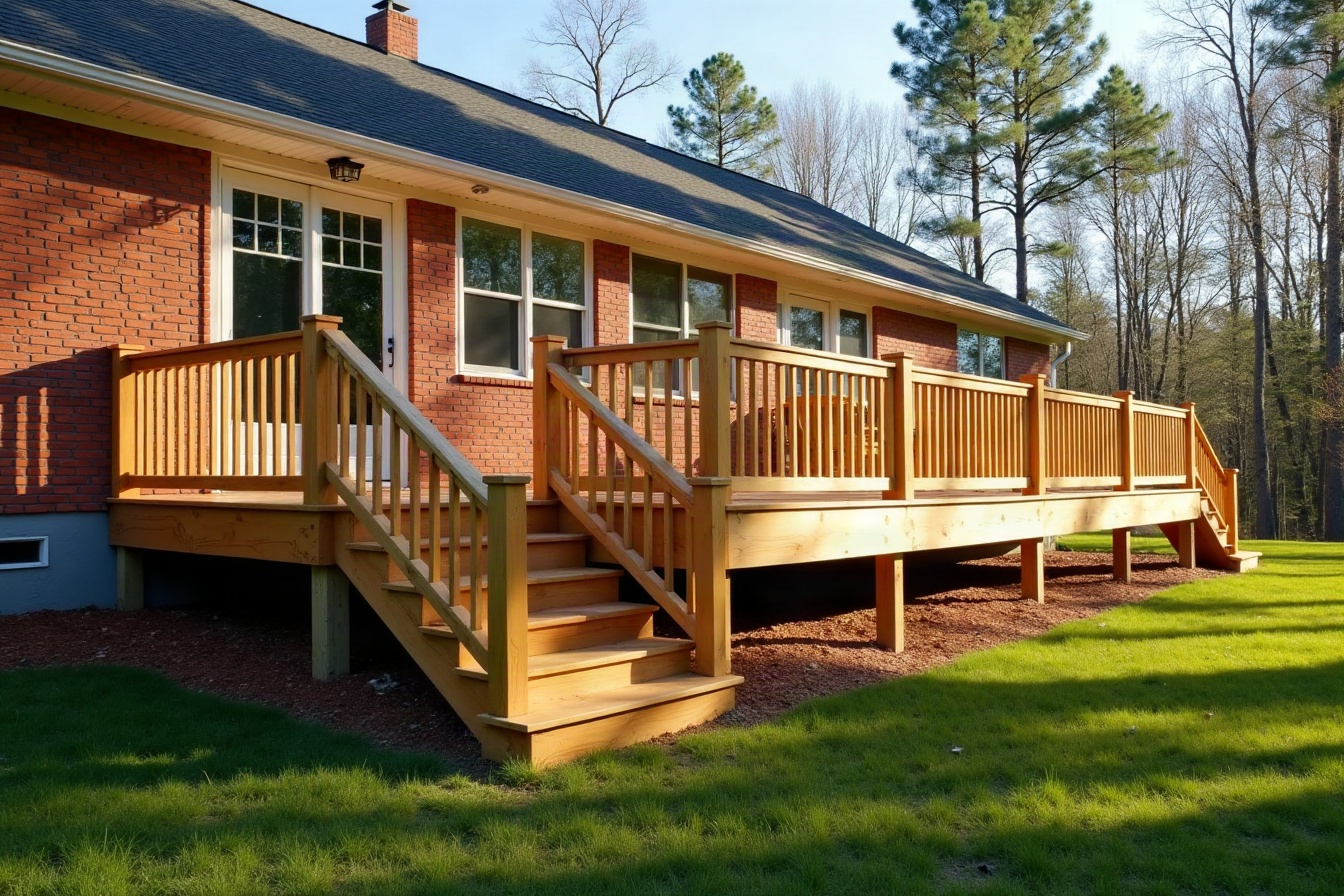 A new pressure-treated wood deck with railing and stairs on a brick ranch house