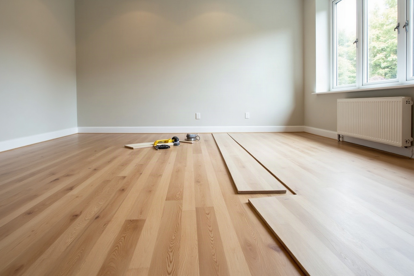 Luxury vinyl plank flooring being installed in an empty living room