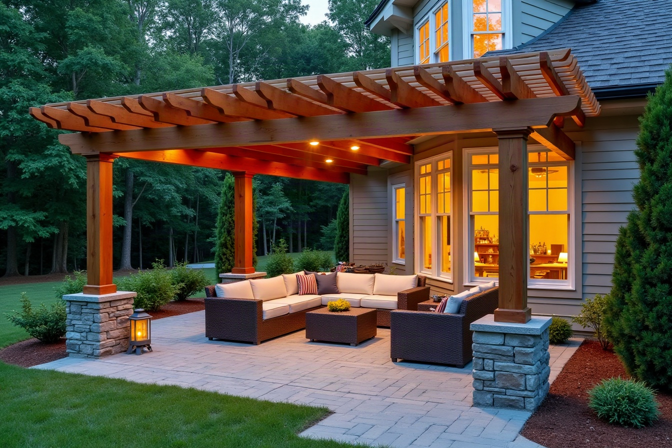 A wood pergola over a stone patio in a back yard