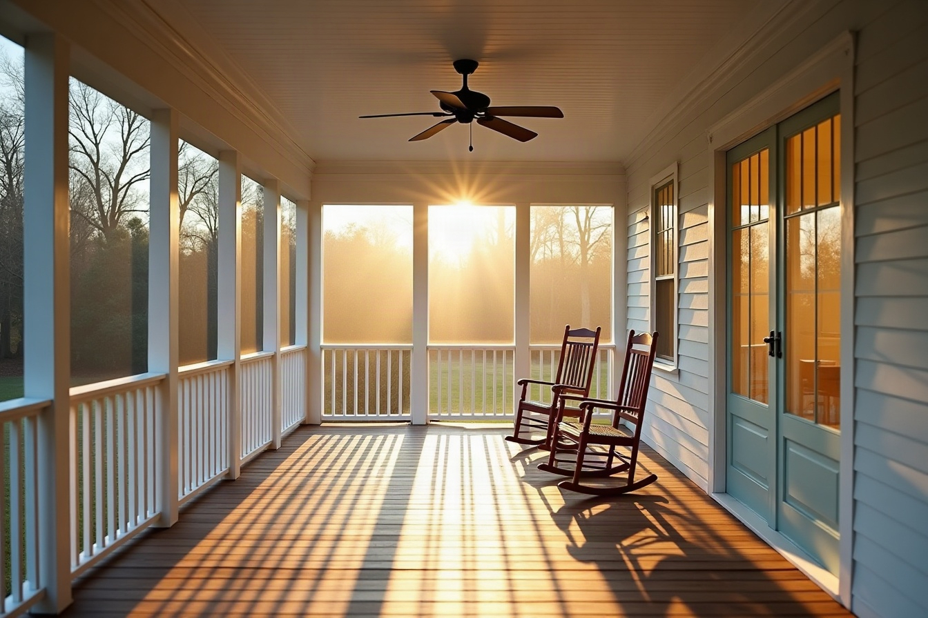 A screened back porch with a ceiling fan.